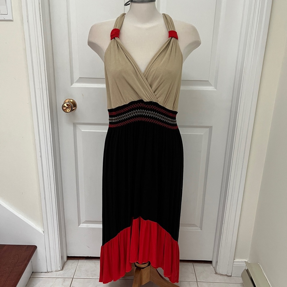 Spense High Low Dress in Tan, Black, and Red
